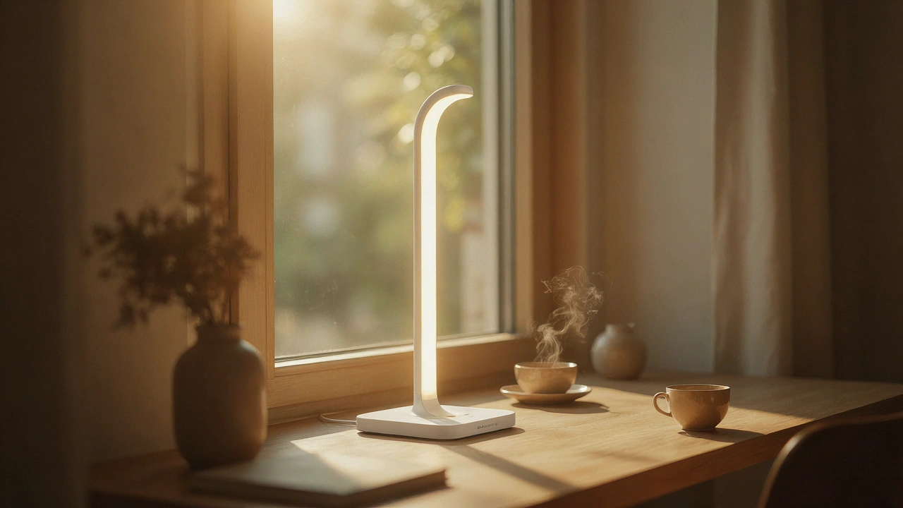 Lampe ronde Lumie Halo émettant une lumière douce dans une pièce en crépuscule